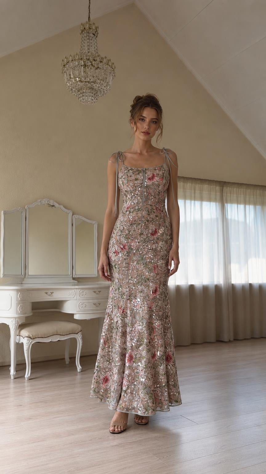 Front view of model wearing champagne floral embroidered sequin maxi dress