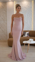 Front view of Dusty Rose strapless beaded mermaid evening dress