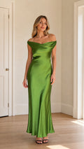 Model wearing green off-shoulder satin maxi dress from the front