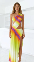 Front view of model wearing vibrant yellow gradient one-shoulder cutout maxi dress