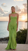 Front view of green strapless maxi dress with front knot