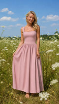 Blush pink square neck sleeveless maxi dress with full flowing skirt front view
