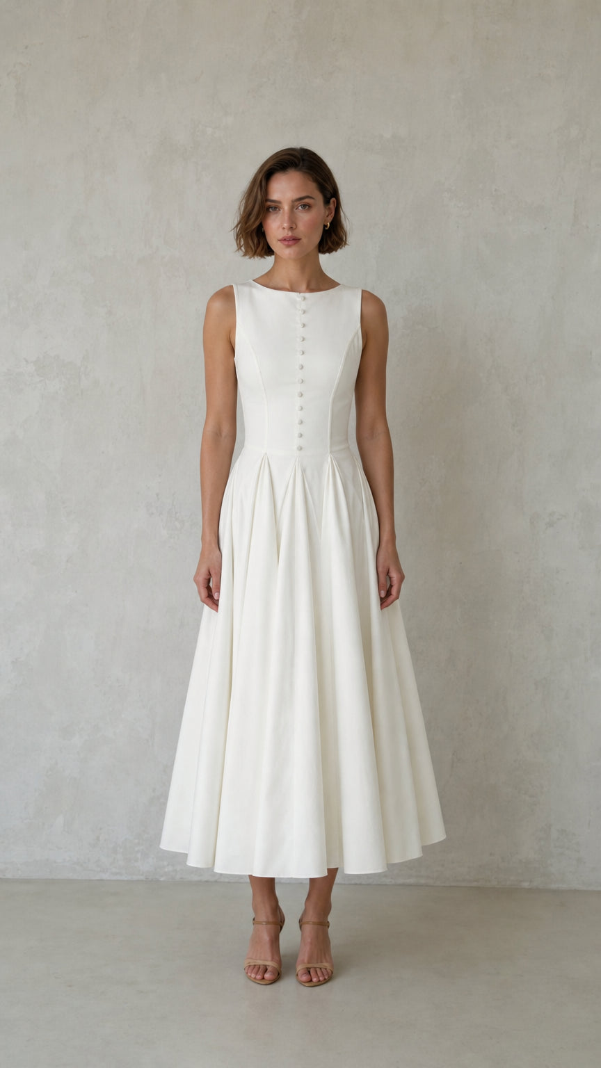 Front view of woman wearing white sleeveless pleated midi dress