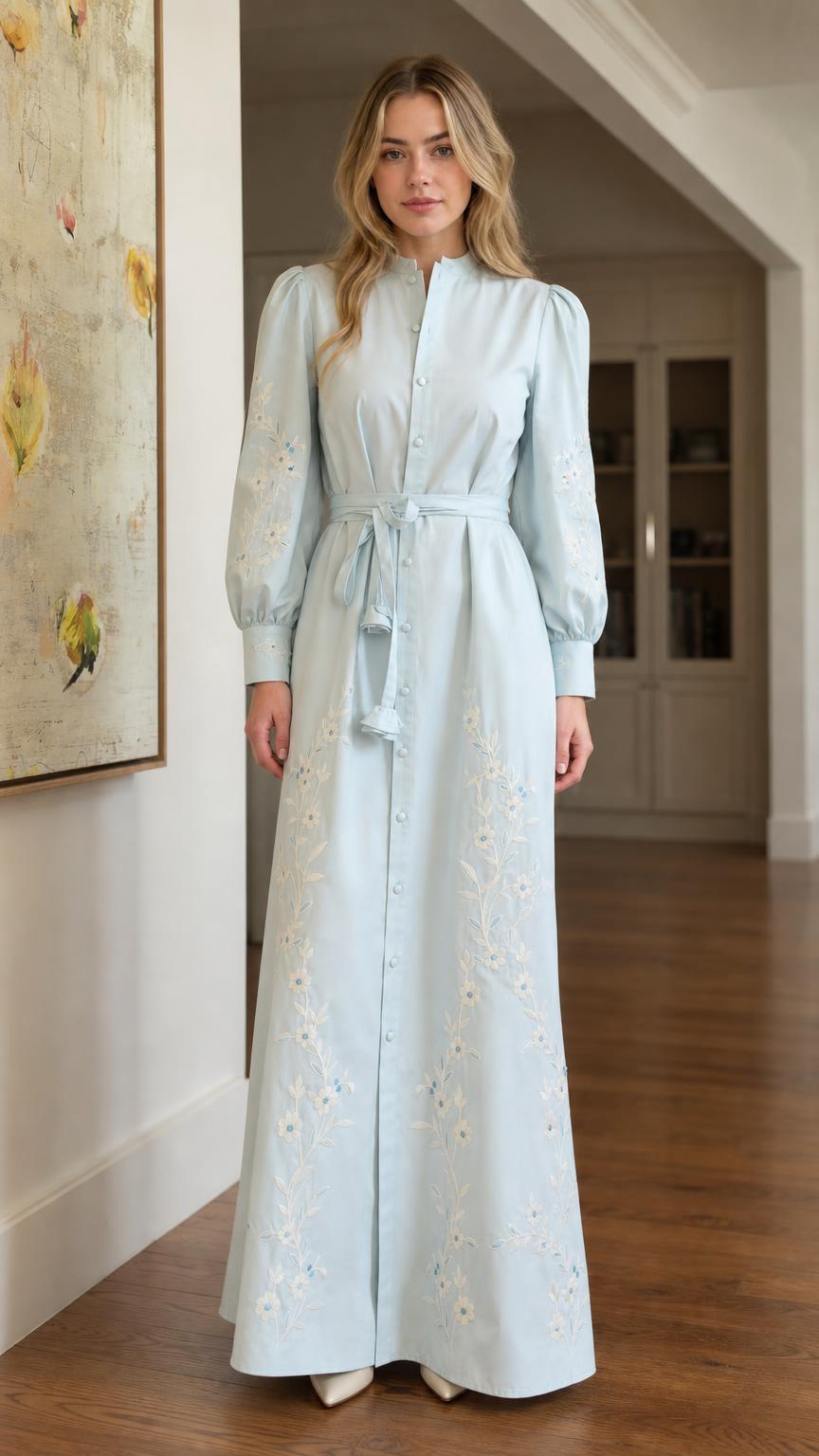 Front view of light blue floral embroidered maxi shirt dress