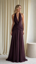 Front view of plum deep V-neck halter chiffon evening gown
