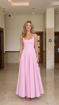 Front view of model wearing pink sleeveless maxi dress