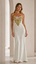 Front view of ivory satin slip maxi dress with embroidered bodice