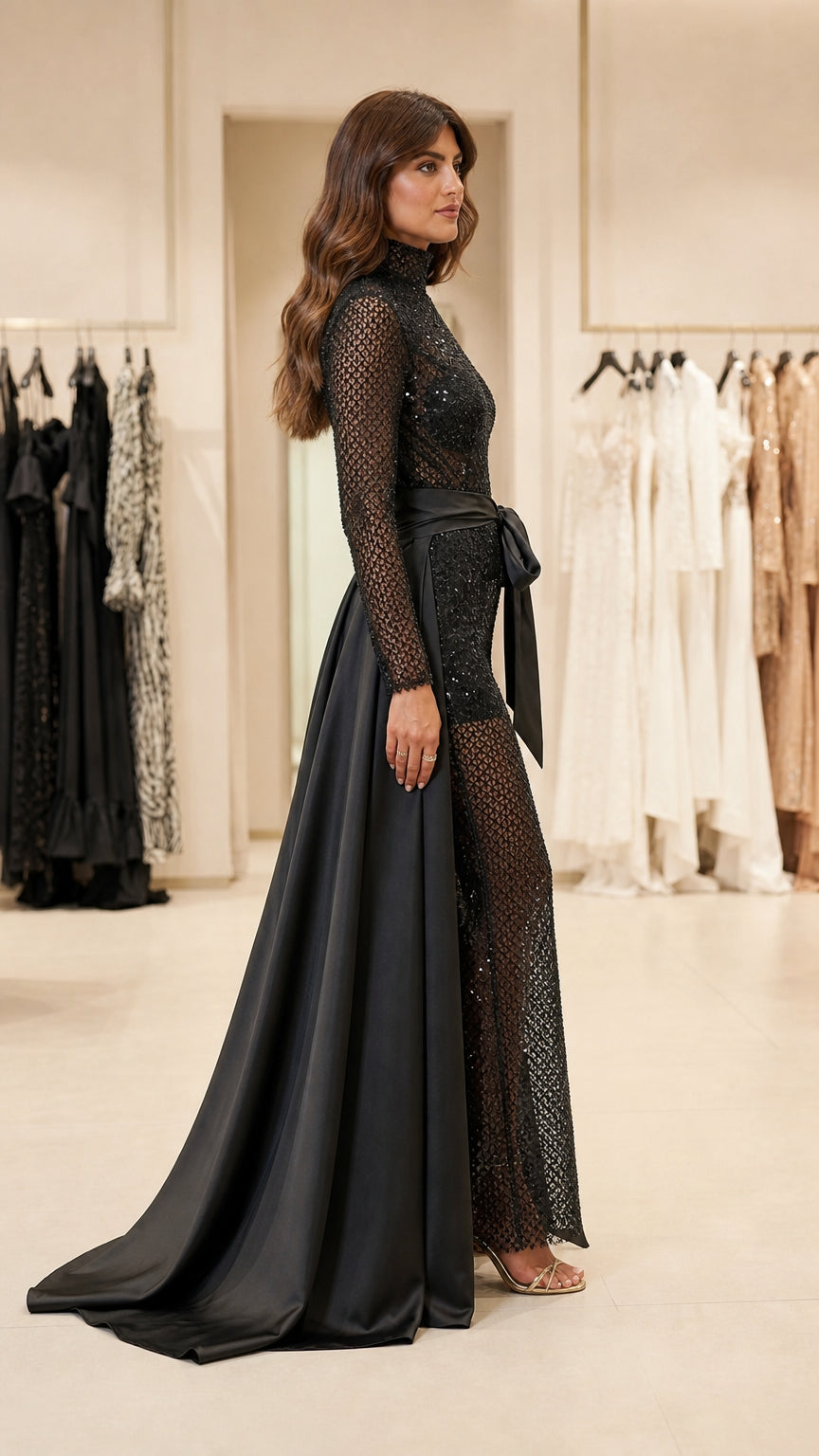 Side profile view of black sequin jumpsuit and flowing satin train