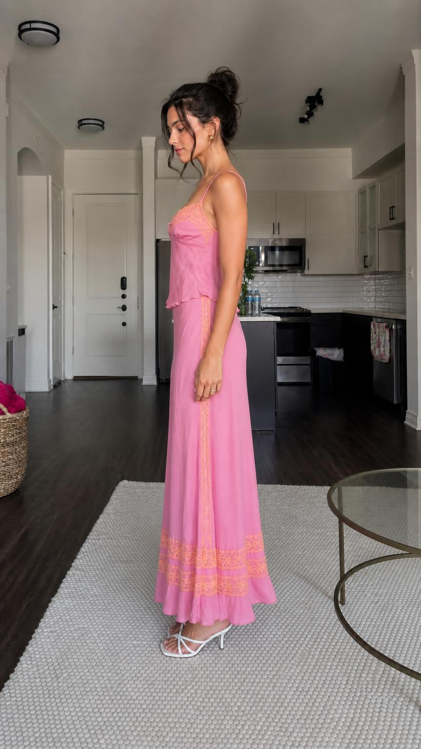 Side profile of model in pink two-piece set with heels