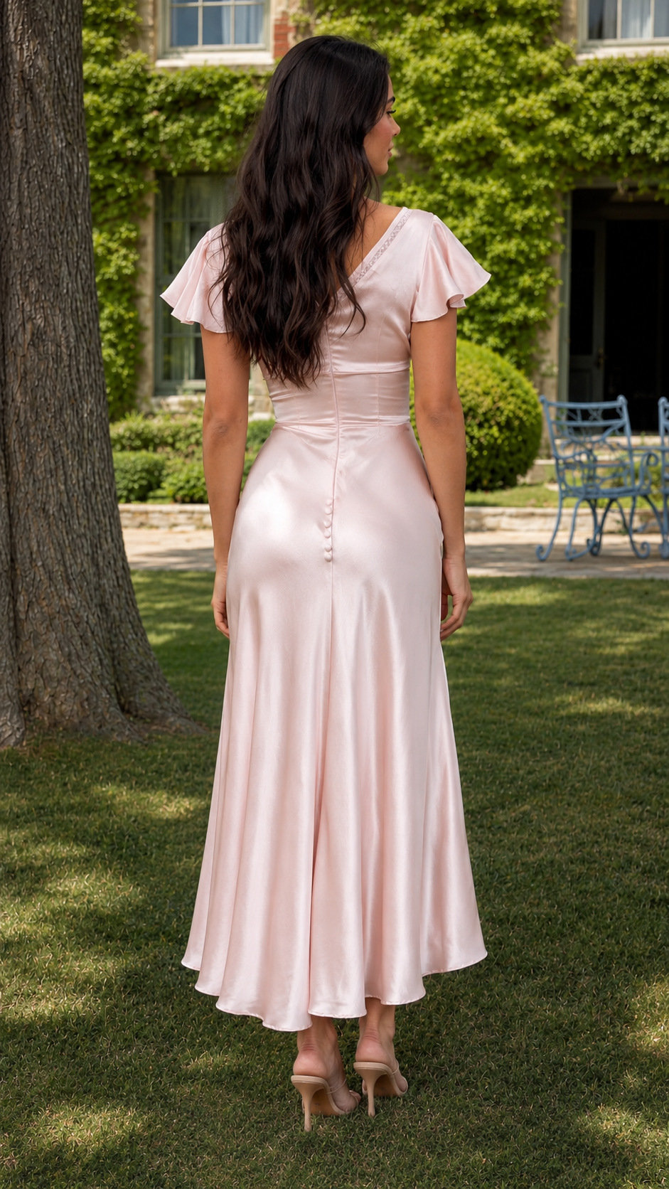 Back view of blush pink satin-style midi dress with flutter sleeves and flowing hem