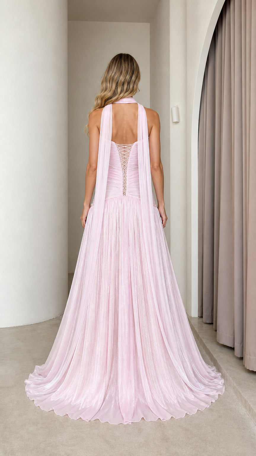 Back view showing lace-up corset and scarf detail