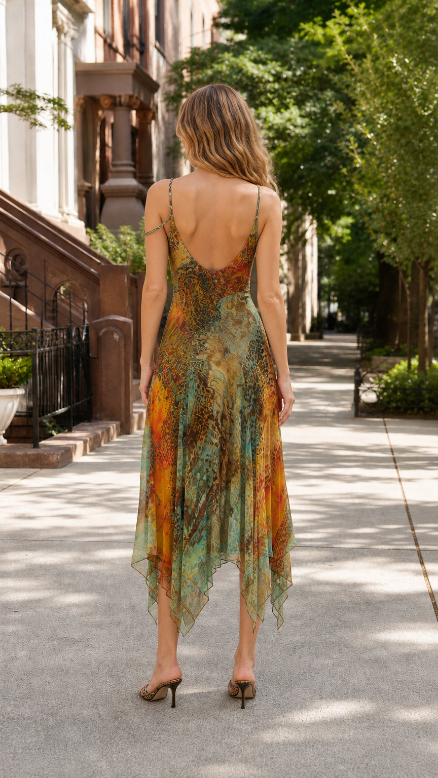 Back view of model showcasing asymmetric hem