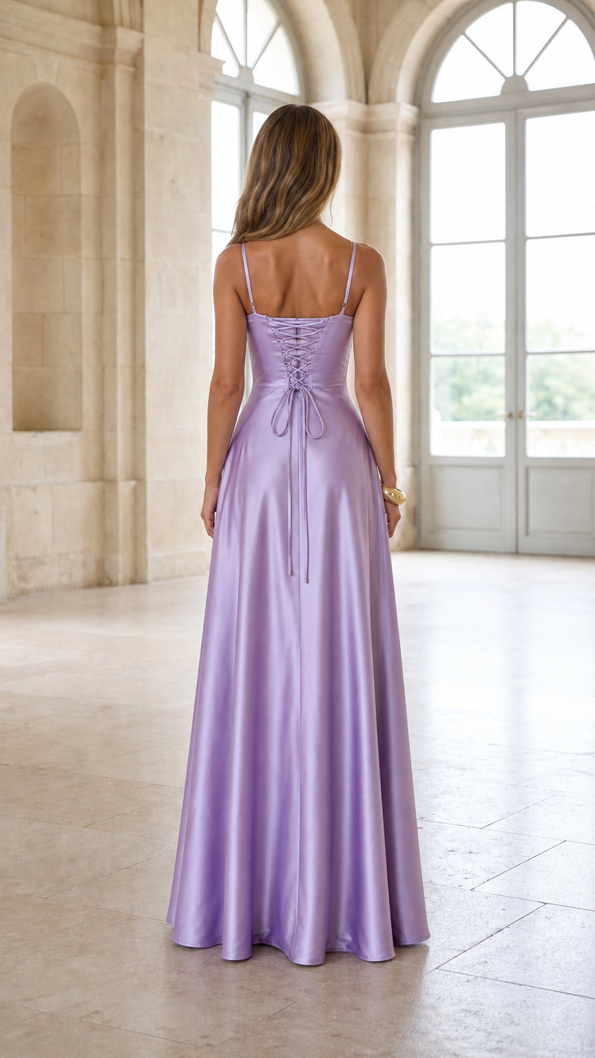 Back view showing lace-up detail on lavender satin dress