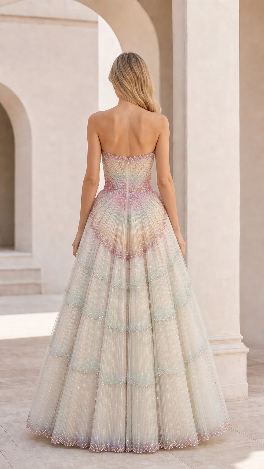 Back view of strapless tiered ball gown