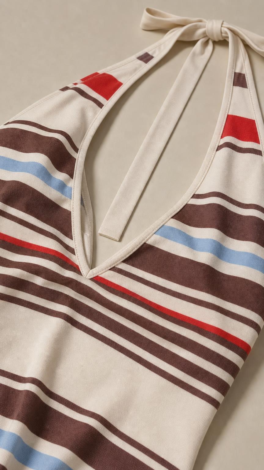 Close-up detail of cream dress halter neckline and striped pattern