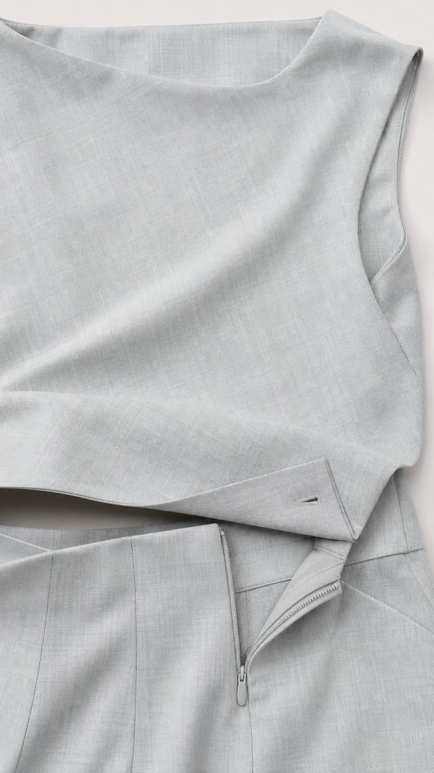 Close-up detail of light blue fabric texture and side zipper