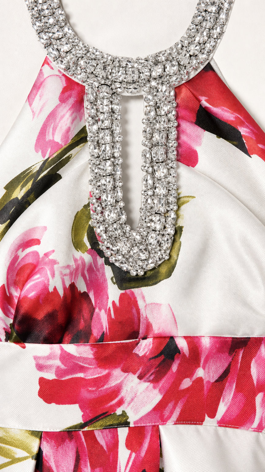 Close-up detail of crystal rhinestone embellished halter neckline
