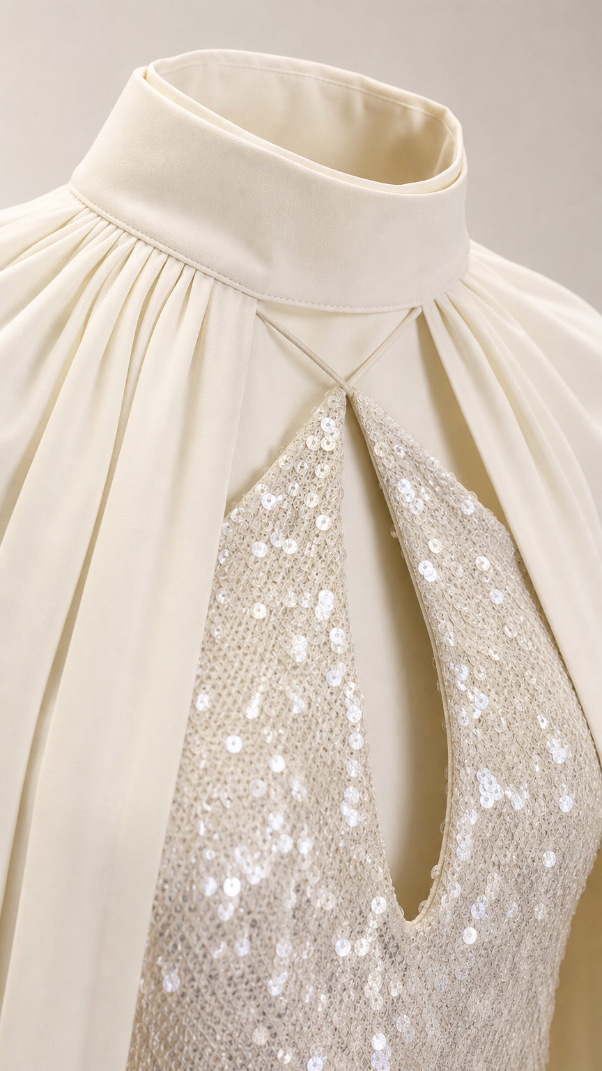 Close-up of mock neck, keyhole cutout, and sequin texture
