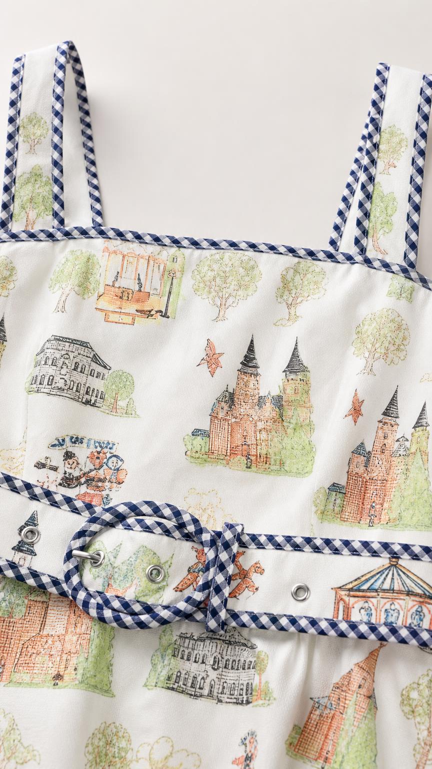 Close-up detail of fabric, illustrated print, gingham straps, and belted waist