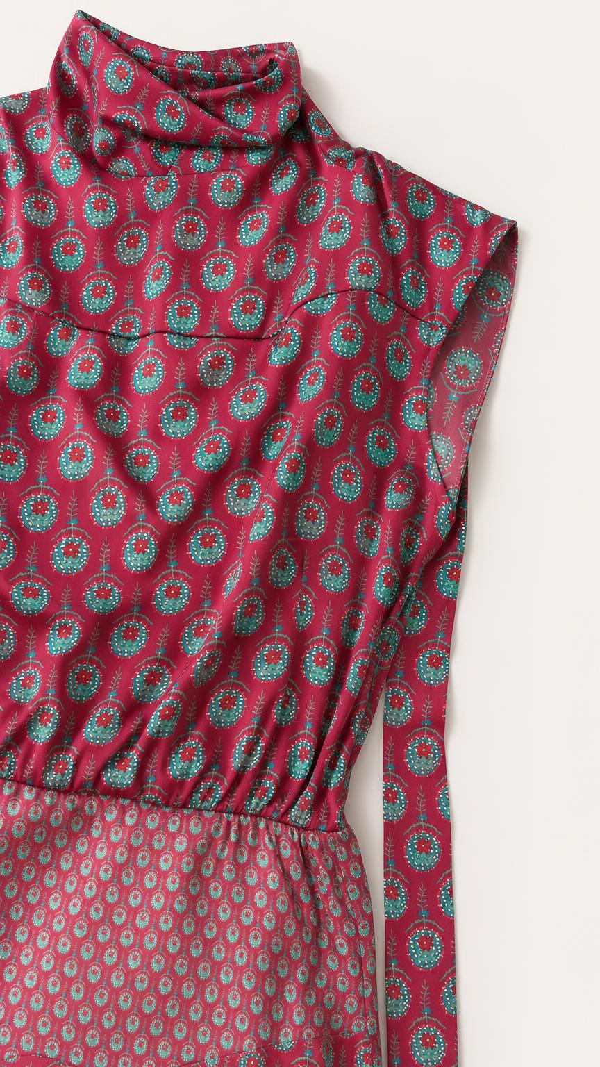 Close-up of pink dress fabric, high neckline, and smocked waist