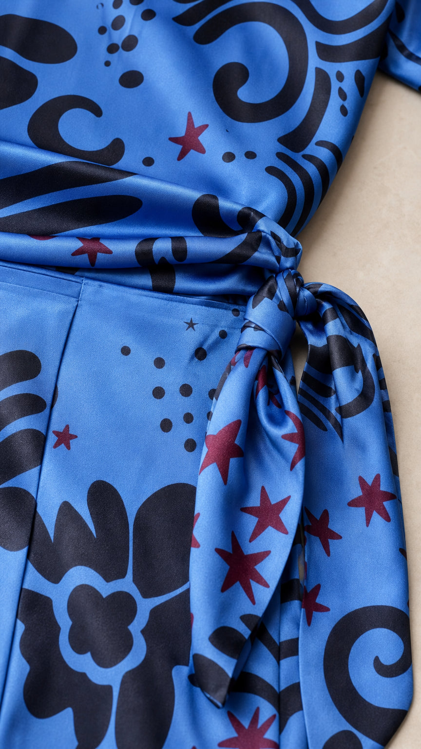 Close-up of the smooth fabric and pattern of the blue dress with tie detail