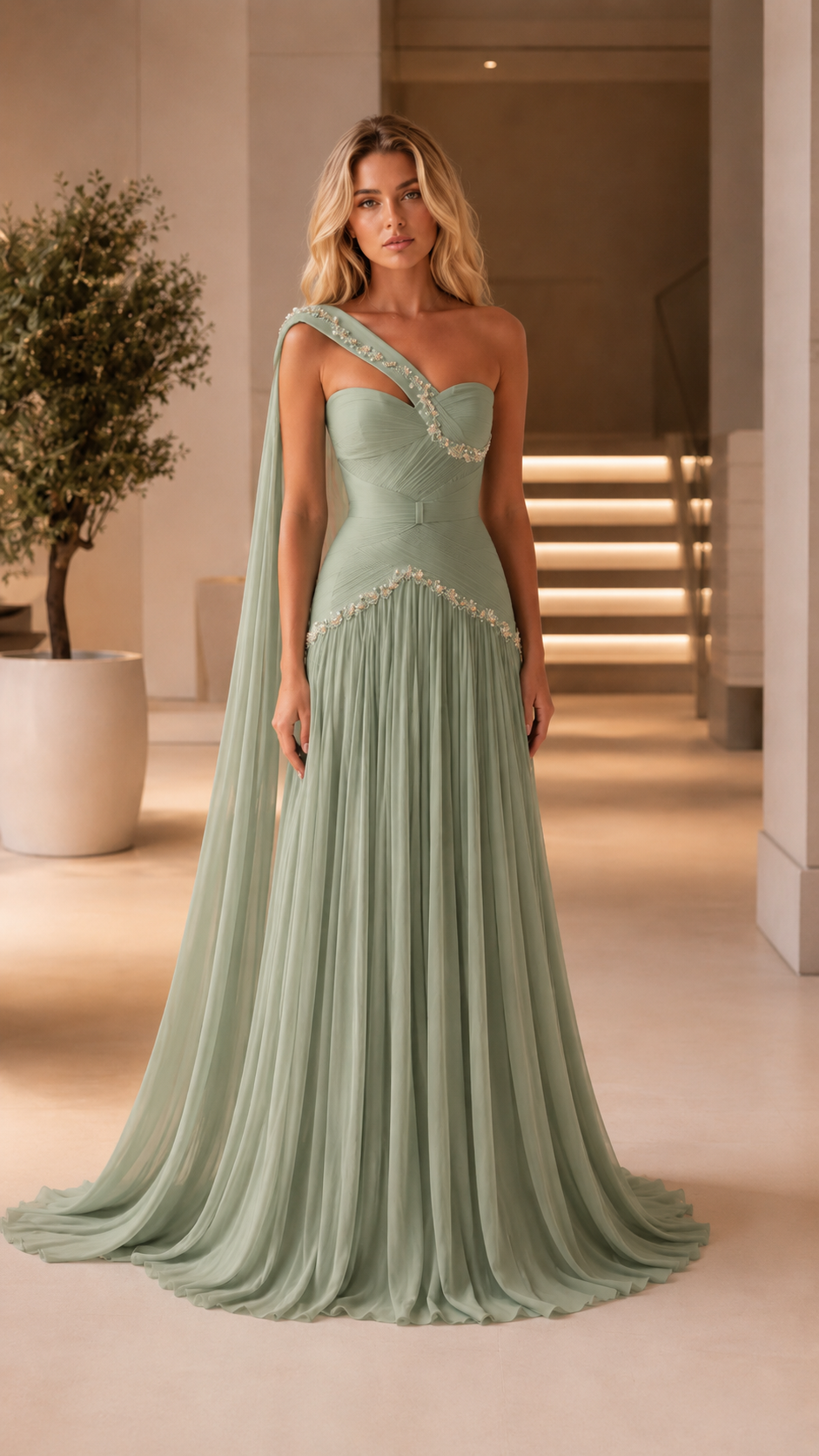 Sage green one-shoulder formal maxi gown with beaded trim and flowing drape
