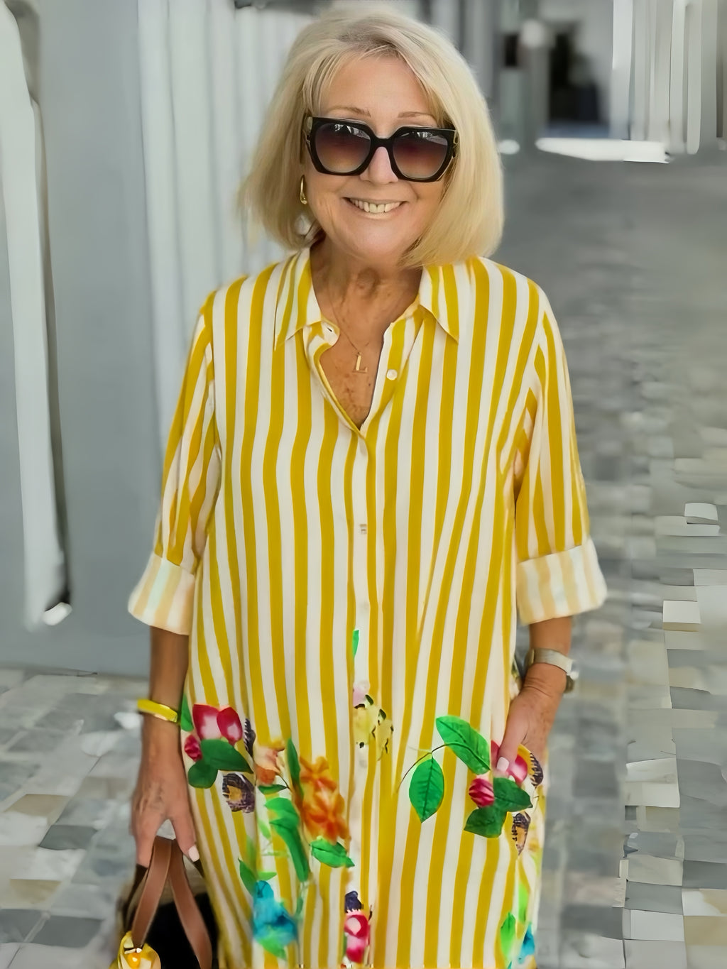 Striped Floral Print 3/4 Sleeve Tunic Dress