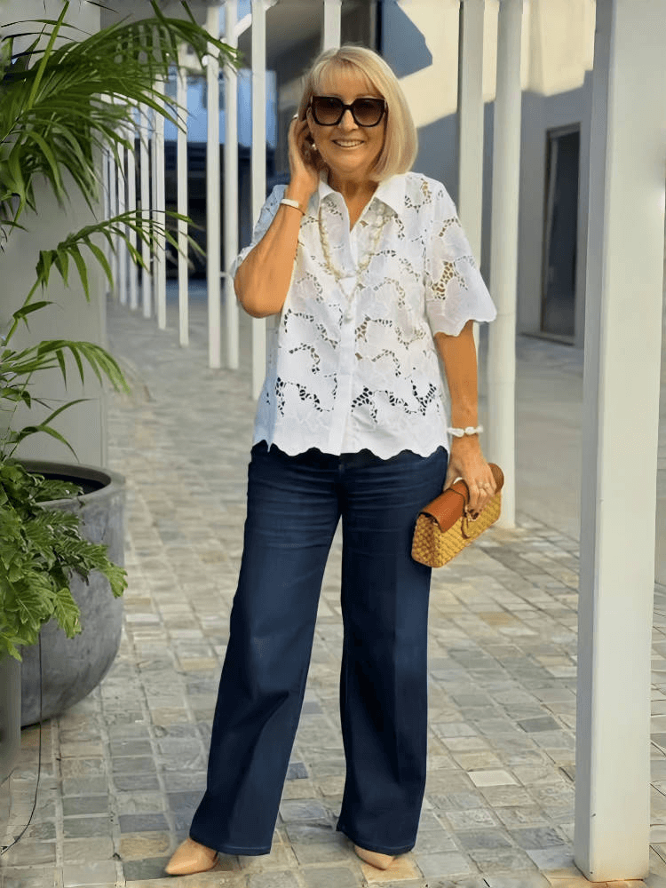 Lapel Short Sleeve Hollow Lace Shirt