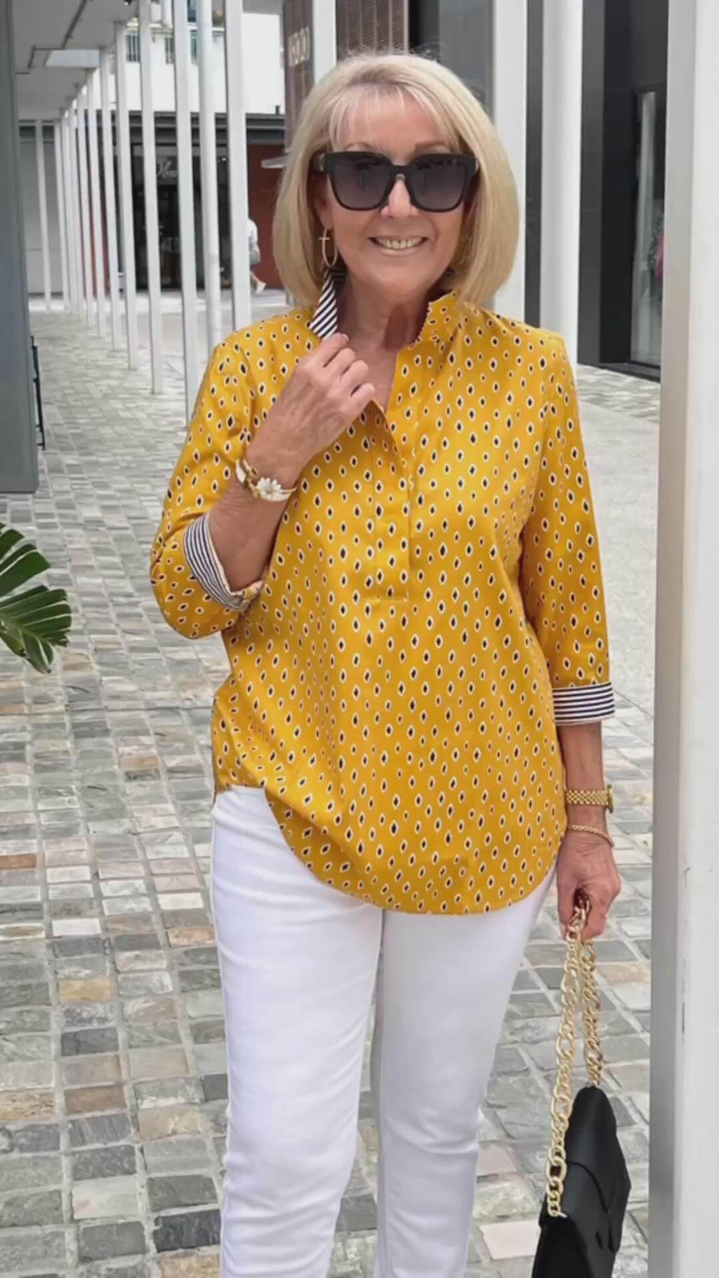 Printed Standing Collar 3/4 Sleeve Shirt Top Set