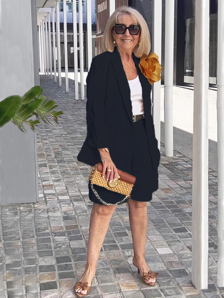Stylish Lapel Collar Suit Shorts Two-piece Blazer Coat(Detachable floral accessories)