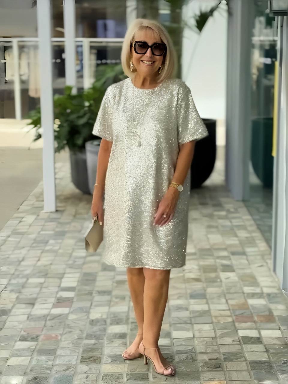 Round-Neck Sequin Midi Dress