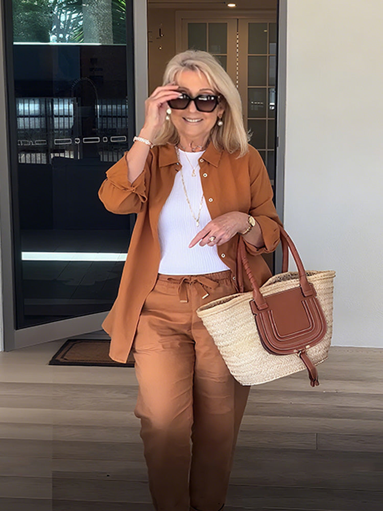 Plus Size Casual Long Sleeve Shirt & Pants Two-piece set