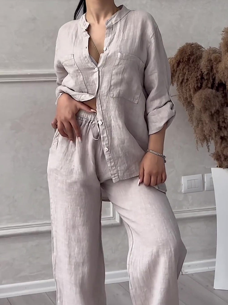 Commute Comfort Long Sleeve Shirt & Lace Up Pants Two-piece Set