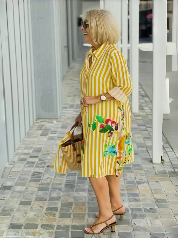 Striped Floral Print 3/4 Sleeve Tunic Dress