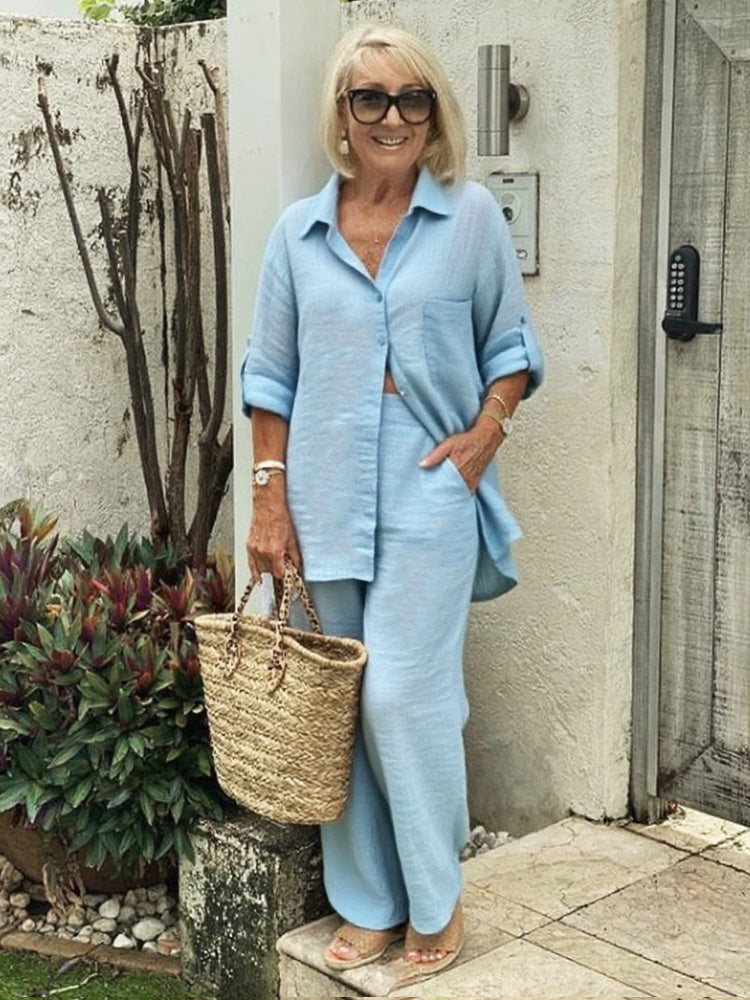 Plus Size Thin Lapel Button Long Sleeve Shirt & Pants Set