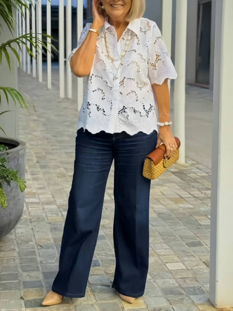 Lapel Short Sleeve Hollow Lace Shirt
