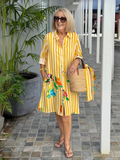 Striped Floral Print 3/4 Sleeve Tunic Dress