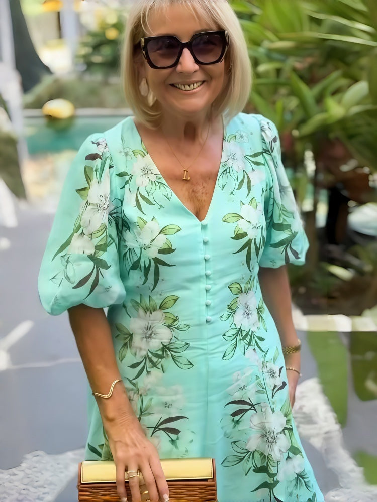 V-Neck Floral Print Tunic-Length Dress