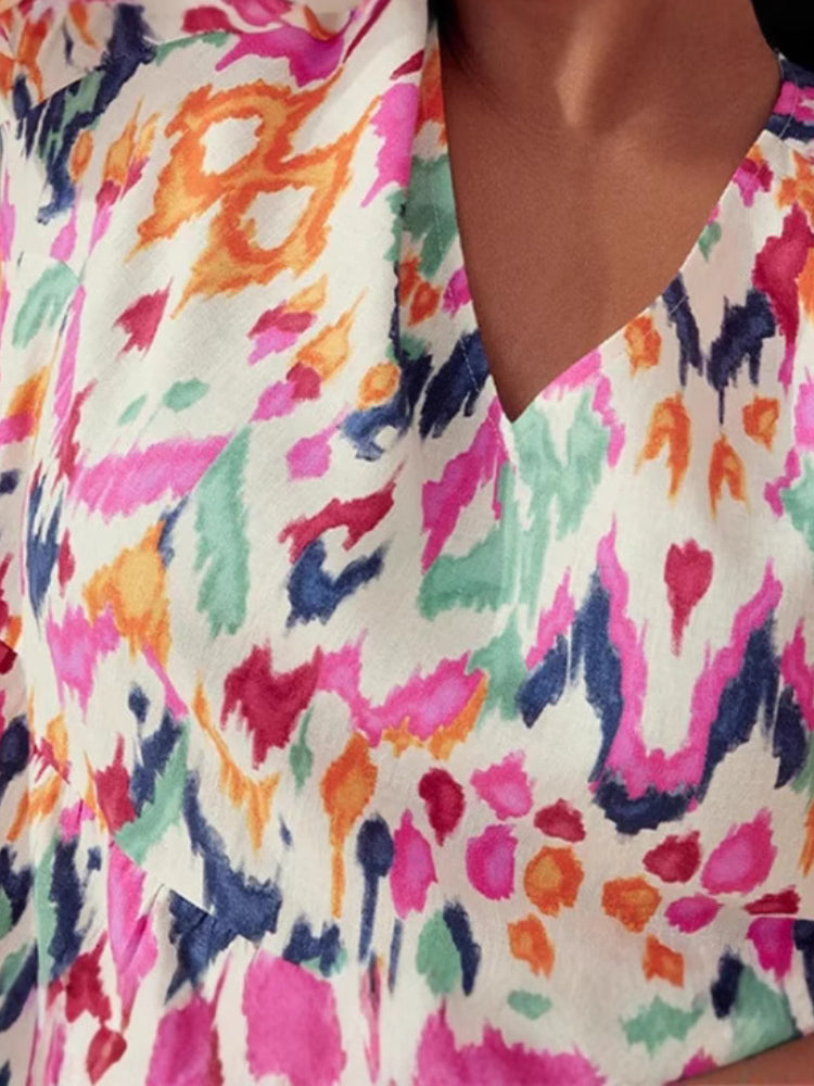Plus Size Five-quarter Sleeve Printed V-neck Dress