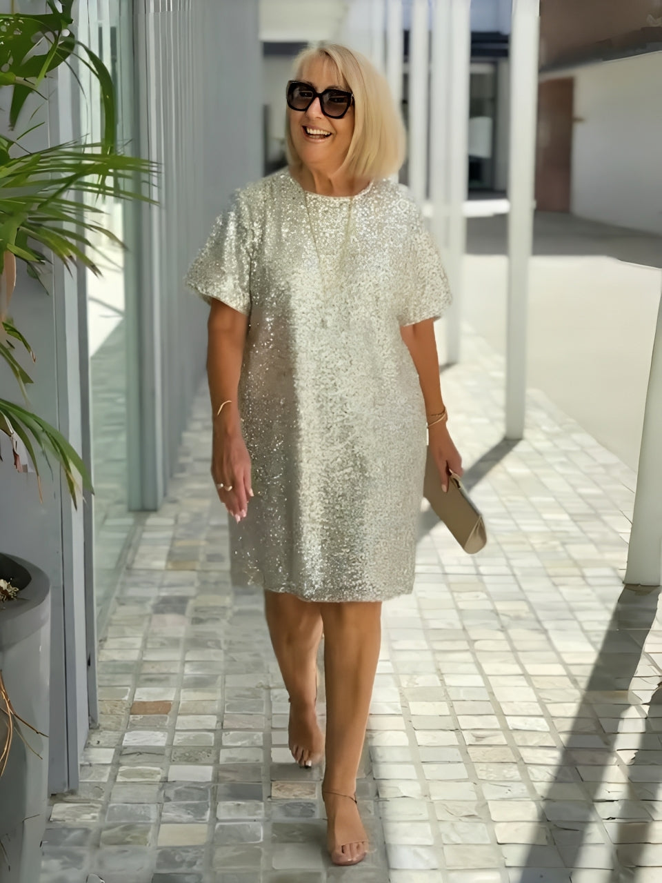 Round-Neck Sequin Midi Dress