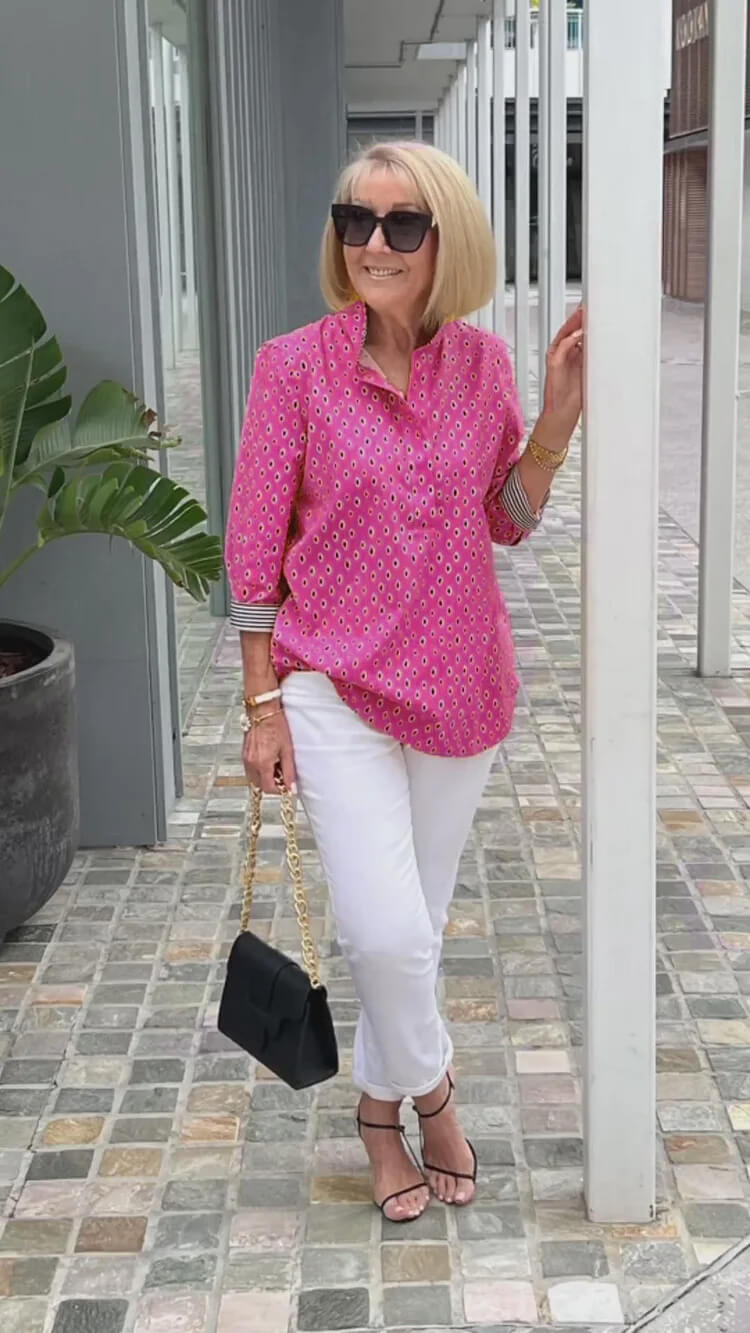 Printed Standing Collar 3/4 Sleeve Shirt Top Set