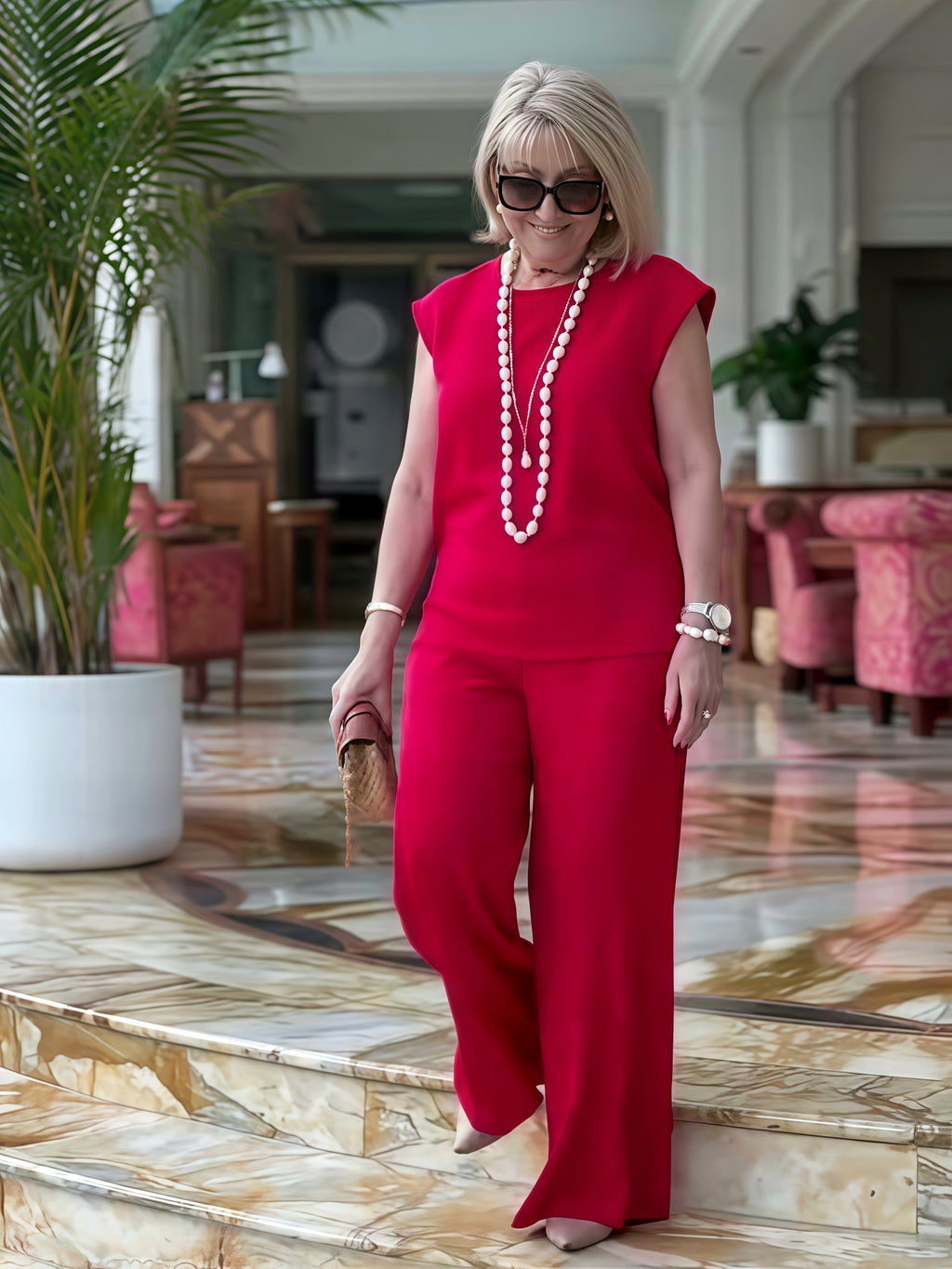 2-Piece Elegant Solid Color Top & Wide Leg Pants Set