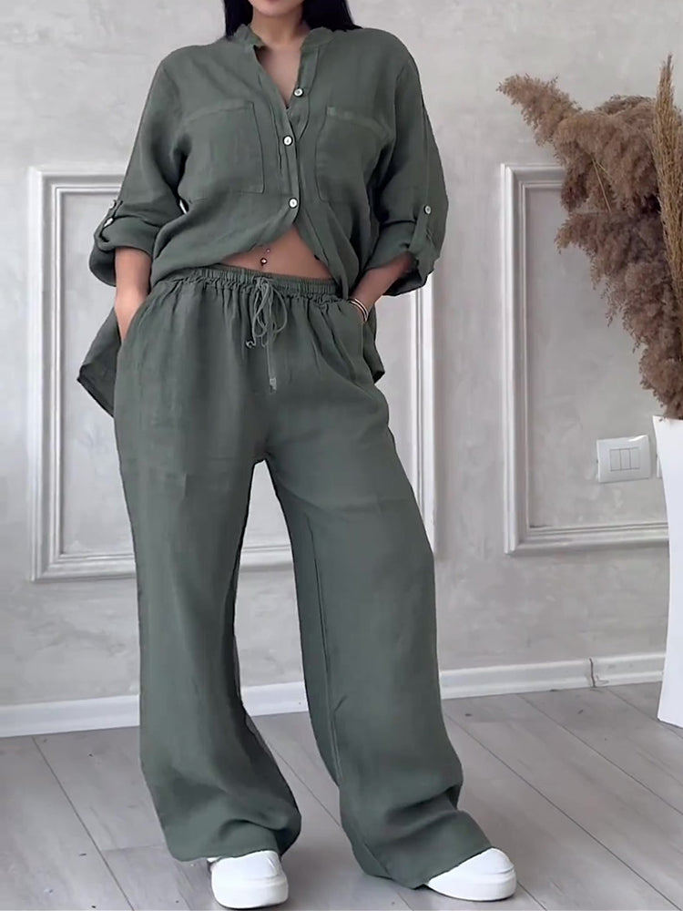 Commute Comfort Long Sleeve Shirt & Lace Up Pants Two-piece Set