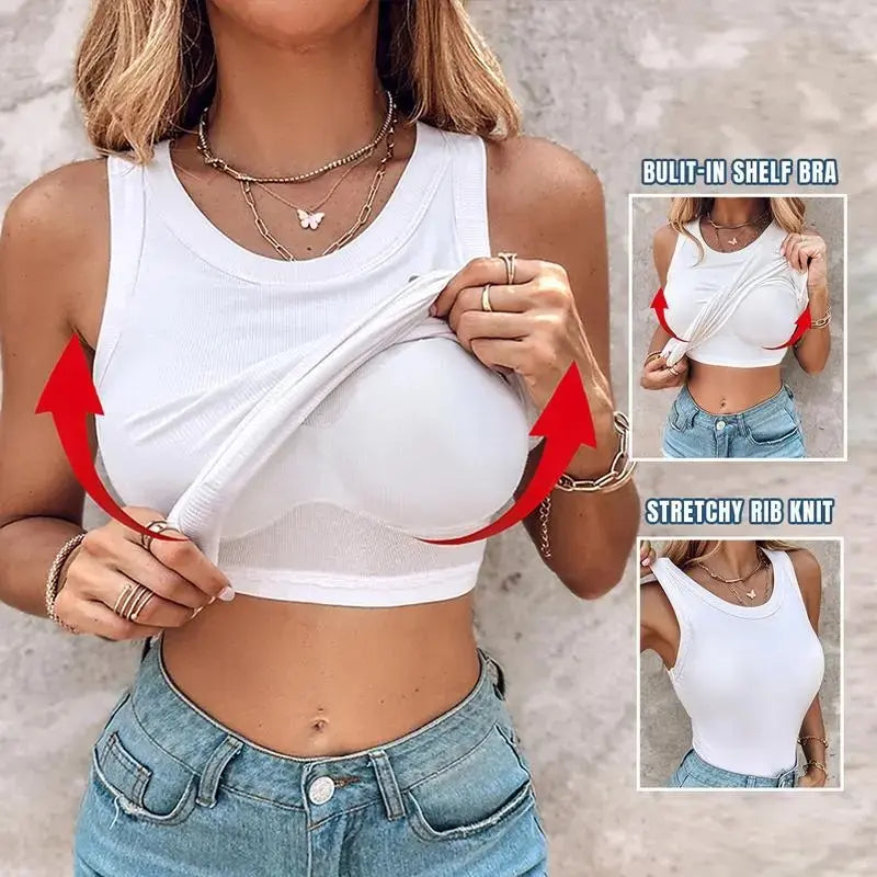 Ribbed Workout Tank Top with Built-in Bra for Women