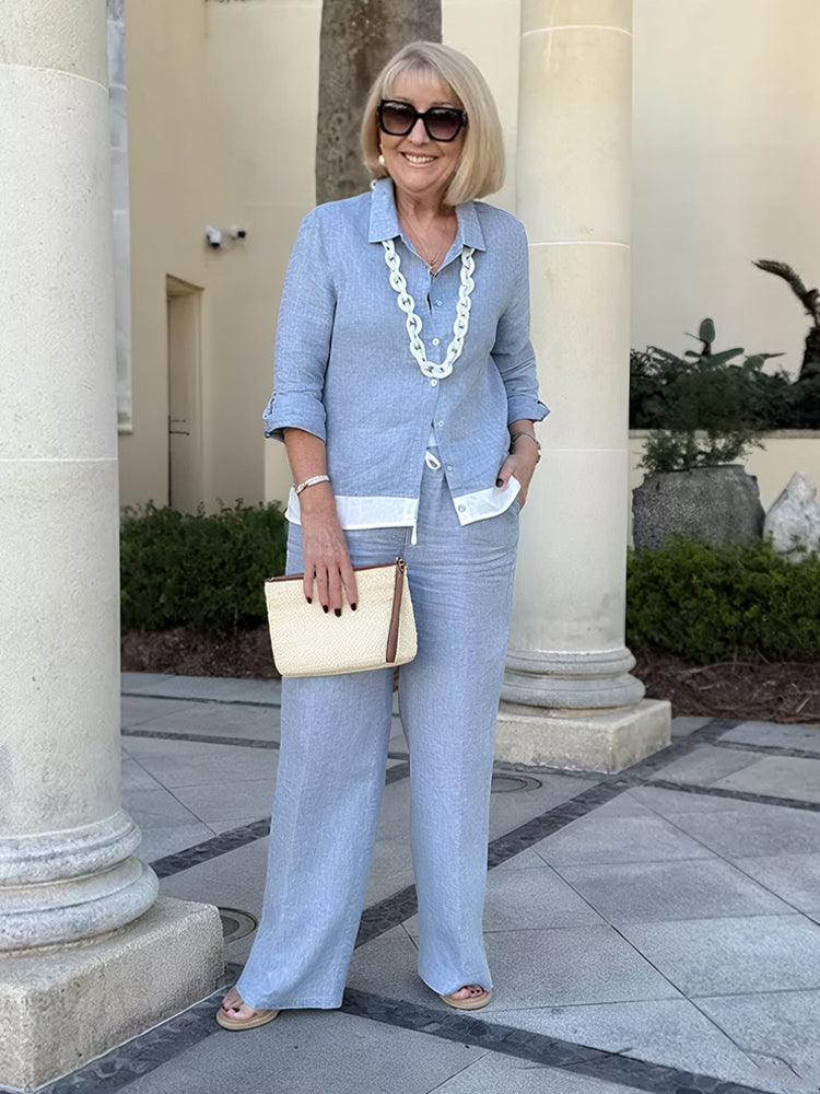 2-Piece Blue Color Block Shirt and Pants Suit