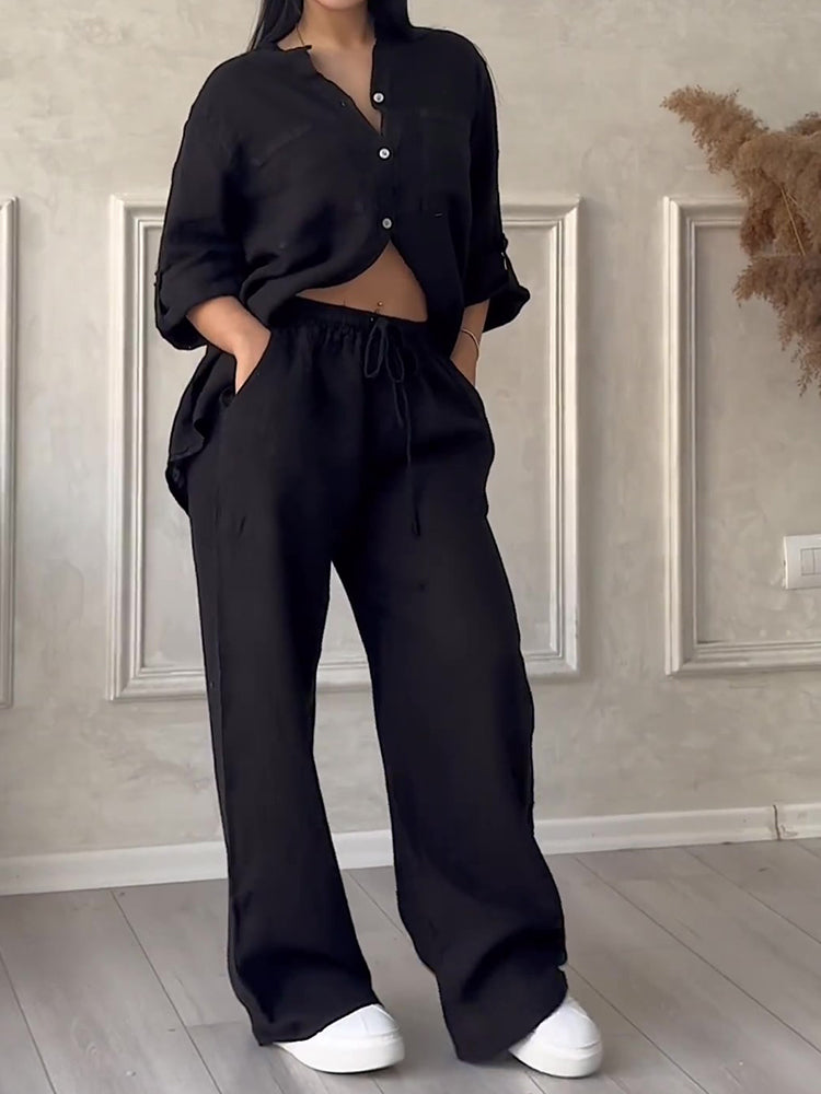 Commute Comfort Long Sleeve Shirt & Lace Up Pants Two-piece Set