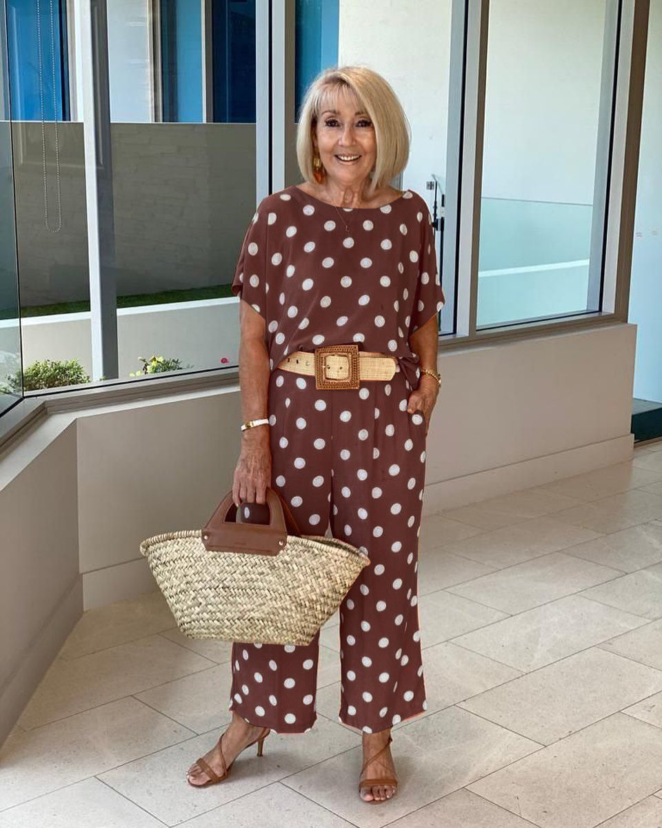 Polka Dot short Sleeve Top and Trousers Two-Piece Set