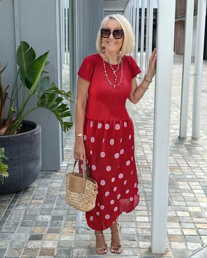 Polka Dot Print Short Sleeve Patchwork Tunic Dress