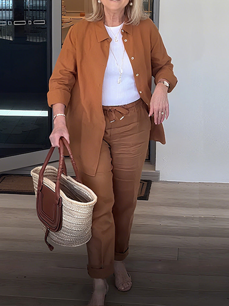 Plus Size Casual Long Sleeve Shirt & Pants Two-piece set