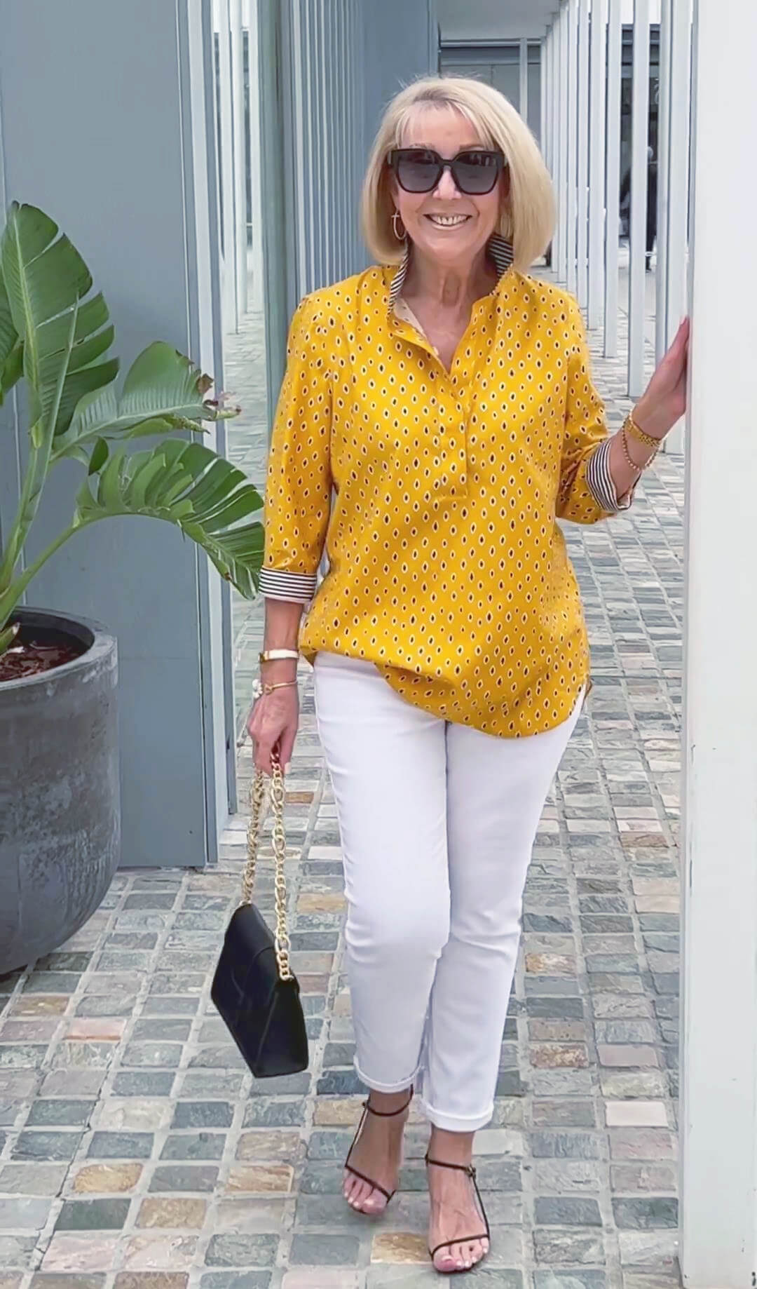 Printed Standing Collar 3/4 Sleeve Shirt Top Set